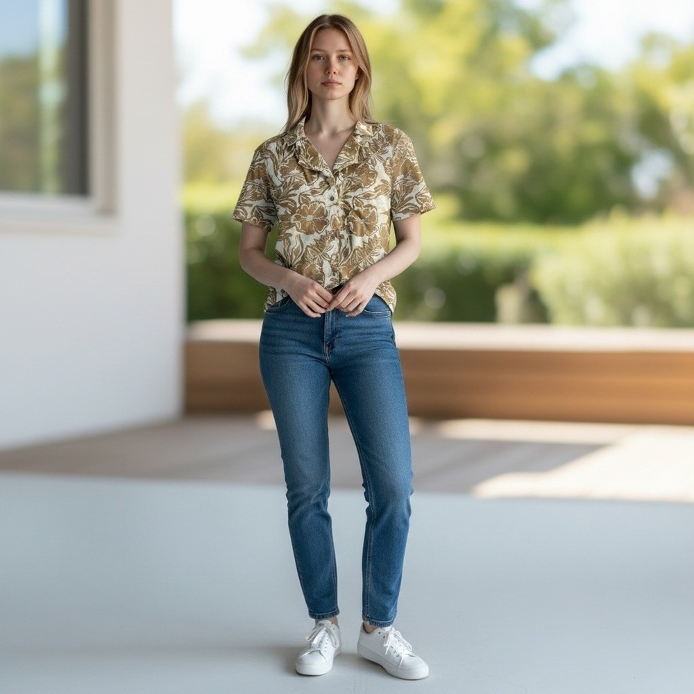 Button Up Top L Brown Floral Linen Blend Cropped Coastal Tropical Bohemian Camp
